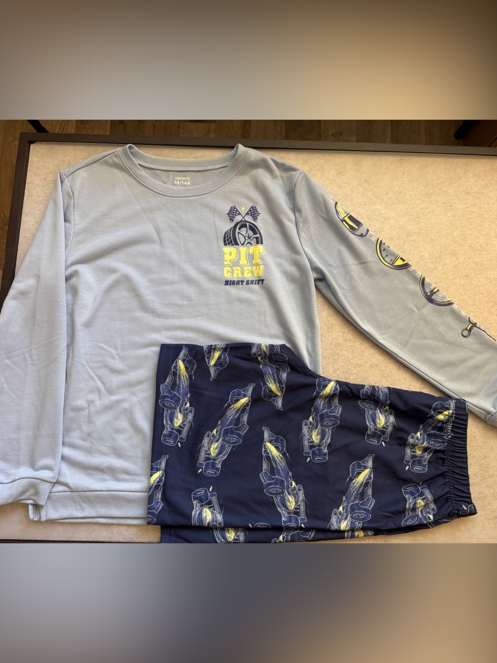 Carter’s Kids Pit Crew Graphic Light Blue PJS with Navy Racecar Shorts size 14